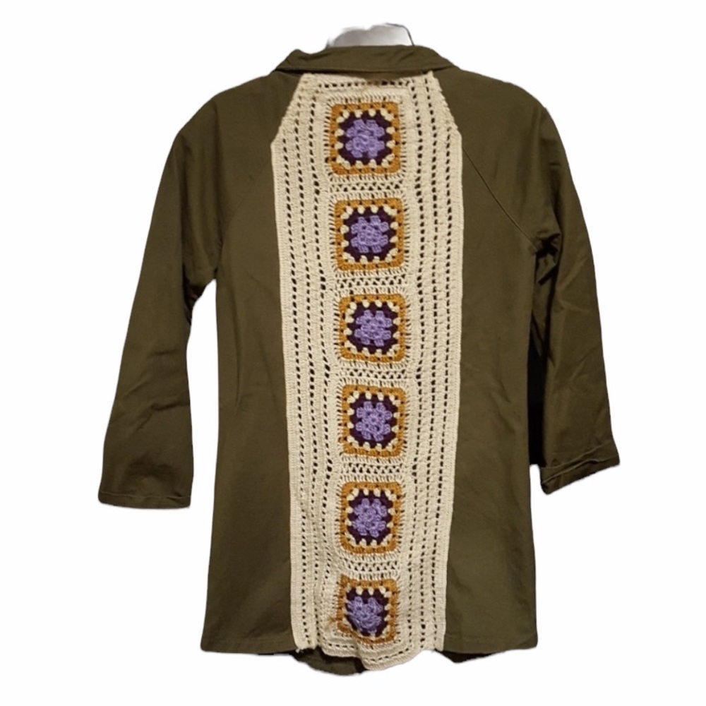 Earthbound Crochet Granny Square Military Olive Green Lightweight Jacket Size S